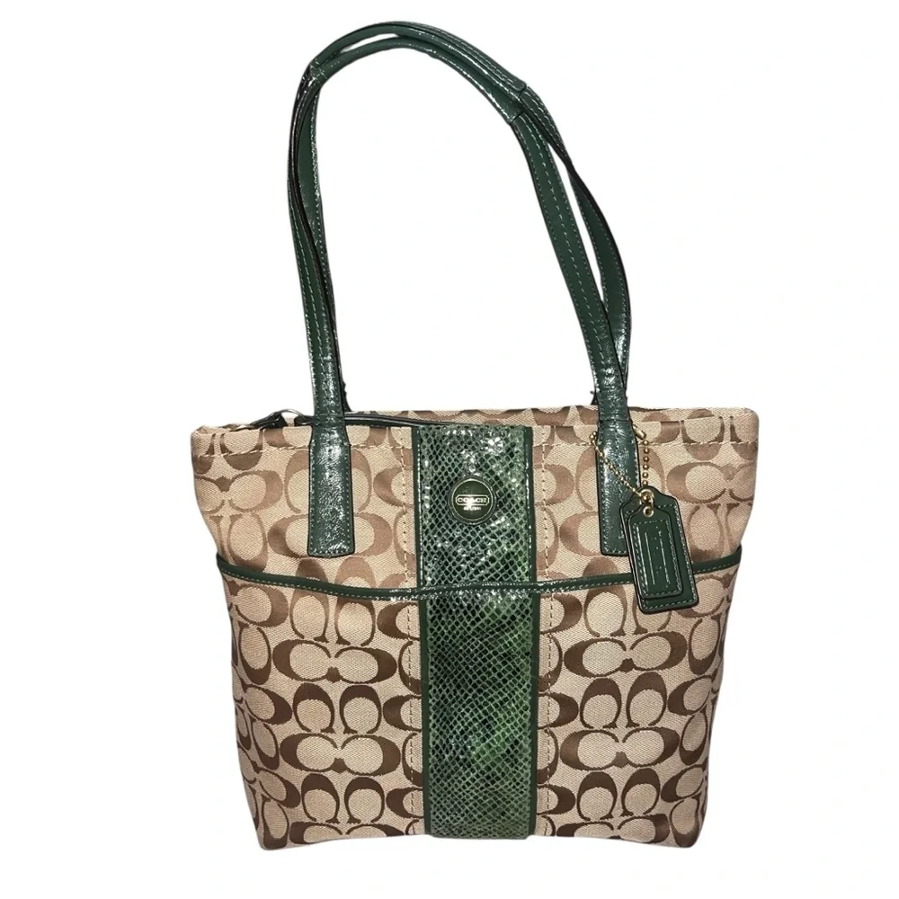 Vintage Coach Y2K Signature Canvas Tote Monogram Dark Green Leather Medium